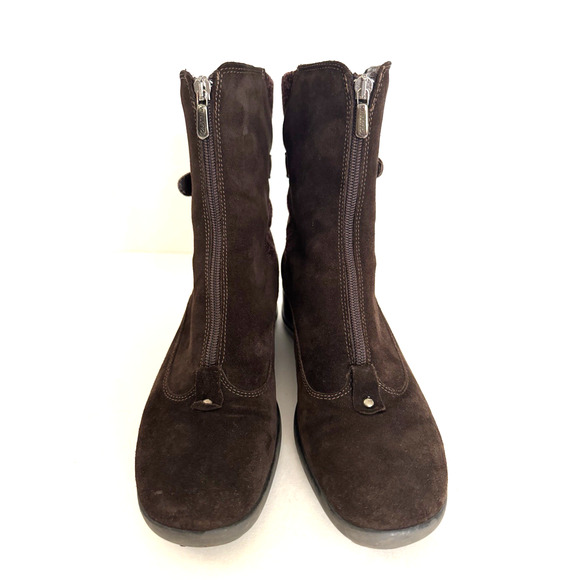 Aquatalia Mia Brown Suede Boots 9 Zip-Front Knit Cuff Low Wedge Heel Booties - Picture 2 of 16